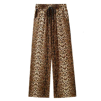 DEAT 2021 nye foråret og sommeren høj talje elastik leopard printet lige løs fashion street bukser kvindelige bukser WK02404L 4455