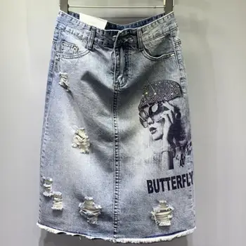 Denim nederdel kvinder 2020 Forår sommer nye høj-taljen hul tunge industri varme boring mid-længde pakke hip jeans a-line nederdel 1