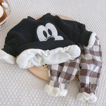 Disney Fashion Tendens Baby Dreng Pige Nye År Tøj Vinter Mickey, Minnie Korn Fleece Top Ternet Bukser Sæt Børn To-stykke 0