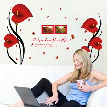 DIY Romantisk Røde Anthurium Blomster Butterfly Wall Stickers fotoramme Citater Home Decor Aftagelige PVC Vinyl Soveværelse Deco Decals