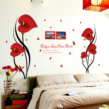 DIY Romantisk Røde Anthurium Blomster Butterfly Wall Stickers fotoramme Citater Home Decor Aftagelige PVC Vinyl Soveværelse Deco Decals 1