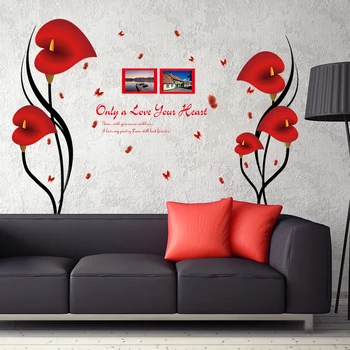 DIY Romantisk Røde Anthurium Blomster Butterfly Wall Stickers fotoramme Citater Home Decor Aftagelige PVC Vinyl Soveværelse Deco Decals 4