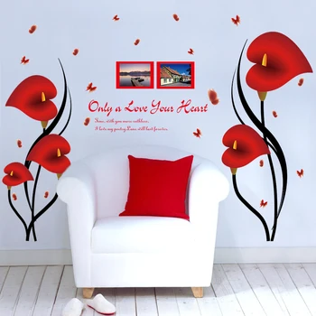 DIY Romantisk Røde Anthurium Blomster Butterfly Wall Stickers fotoramme Citater Home Decor Aftagelige PVC Vinyl Soveværelse Deco Decals 5