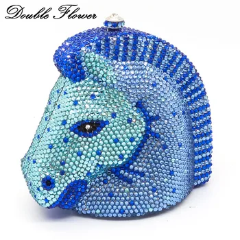 Dobbelt Blomst Blændende 3D Hest hovedform Kvinder Blå Crystal Evening Kobling Minaudiere Håndtaske bryllupsfest Diamant Pung Taske 0