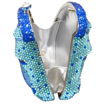 Dobbelt Blomst Blændende 3D Hest hovedform Kvinder Blå Crystal Evening Kobling Minaudiere Håndtaske bryllupsfest Diamant Pung Taske 2