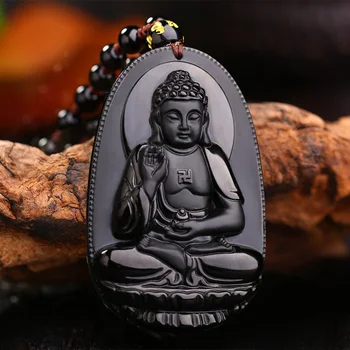 Drop shipping Høj Kvalitet, Naturlig Sort Obsidian Skåret Buddha Heldig Amulet Halskæde Til Kvinder, Mænd vedhæng JadeJewelry 6895