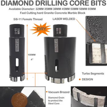 DT-DIATOOL 1pc M14 eller 5/8-11 Tråd Laser Svejset Diamant Tør Boring Core-Bit Granit Marmor Boret Natur Sten hulsav 4