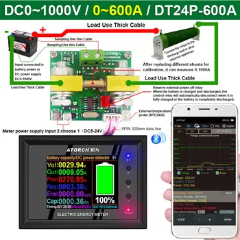 DT24P 1000V/600A IPS digital display DC-Voltmeter Amperemeter Batteri Kapacitet Tester spænding Måle detektor Meter For App 2