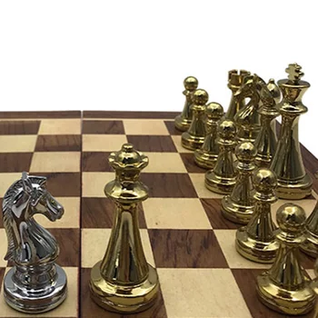 Easytoday Metal Blankt guld og Sølv skakbrikker i Massivt Træ Foldning skakbræt Høj Kvalitet Professionel Skak Sæt 3