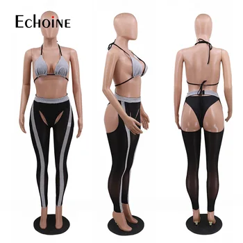Echoine Kvinder Sexy Club Party Skinnende Mesh Patchwork-Sæt-Bh Toppe Blyant Legging Bukser, Der Passer Træningsdragt To Delt Sæt Fitness Tøj 3