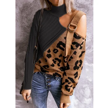 Efterår Forår Kvinder Sweater Nye Irregularr Patchwork Leopard Mode Stropløs Lange Ærmer Casual Kvindelige Strikkede Pullovers Toppe 0
