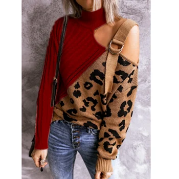 Efterår Forår Kvinder Sweater Nye Irregularr Patchwork Leopard Mode Stropløs Lange Ærmer Casual Kvindelige Strikkede Pullovers Toppe 1