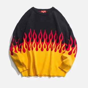 Efterår og Vinter Harajuku Mænds Sweater Flamme Strikke Casual Løs Pullover 2020 Nye Japan Style Hip Hop Mandlige Kolde Bluse Unisex 5