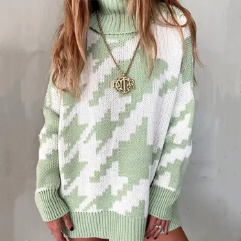 Efterår Og Vinter Houndstooth Pullover Kvinder Sweater Casual Løs Langærmet Rullekrave Vintage Koreanske Sort Hvide Trøjer, Toppe 3