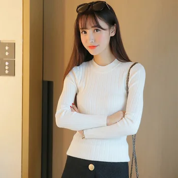 Efterår og vinter Kvinder, damer langærmet o hals slim montering strikket kort sweater top femme koreanske træk stramme skjorter