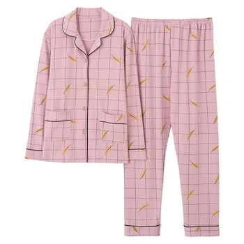 Efteråret 4XL Plaid Udskrivning Bomuld Pyjamas med Lange Ærmer Loungewear Kvinder Nattøj Turn-down Krave Pink Farve Tøj Hjem 2 farver 3