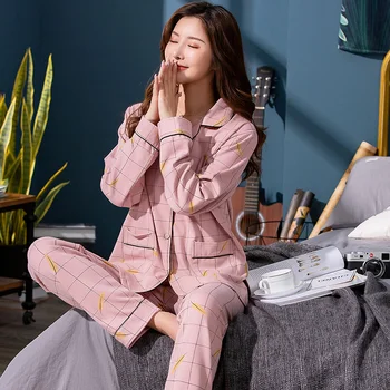 Efteråret 4XL Plaid Udskrivning Bomuld Pyjamas med Lange Ærmer Loungewear Kvinder Nattøj Turn-down Krave Pink Farve Tøj Hjem 2 farver 5