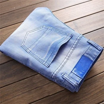EH · MD® Høj Elastisk Bleget Blå Jeans til Mænd Bølget Rynkede Hul Patch Bomuld, Blød Lille Straight High Street Slanke Bukser 2020 3580