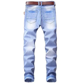 EH · MD® Høj Elastisk Bleget Blå Jeans til Mænd Bølget Rynkede Hul Patch Bomuld, Blød Lille Straight High Street Slanke Bukser 2020 1