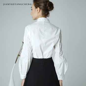 Elegant Hvid Bluse Af Bomuld Kvinder Lanterne Top Med Lange Ærmer Beaded Shirt Stå Krave Foråret Efteråret Kontor Arbejde At Bære Bluser
