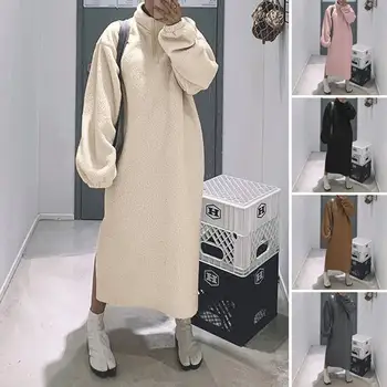 Elegante Bløde Hoodies Kjole Kvinders Split Sweatshirt Robe ZANZEA 2021 Lang Sleece Maxi Vestidos Kvindelige Rullekrave Pullovere 5XL 1