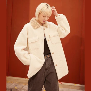 ELFSACK Hvide Teddy Dovne Enkelt Breasted Lige Uld Jakker Kvinder,2020 Efteråret Ren Ny koreansk Casual Damer Warmness Outwear 2