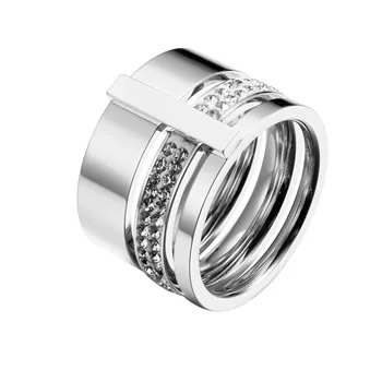 Engros Luksus Kvinder Ringe 316L Rustfrit Stål Tre Lag Geometriske Østrigske Krystal Ring for Kvinder Engagement Smykker 0