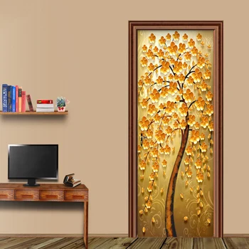 Europæisk Stil Retro Golden Tree Vægmalerier Tapet 3D Abstrakt Kunst Døren Mærkat PVC Selvklæbende Vandtæt vægbeklædning Åben himmel 1