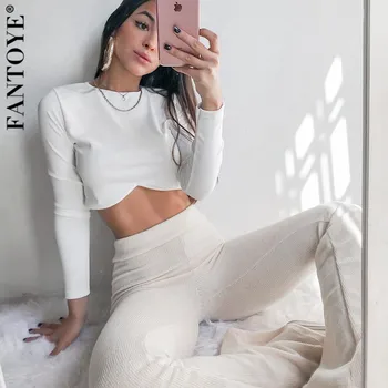 FANTOYE Hvid langærmet Basic T-shirt Kvinder Efterår Mode Ribbet Bodycon Crop Tops Solid O-Hals Kort Tees Streetwear 2020