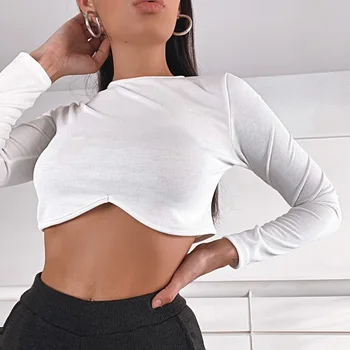 FANTOYE Hvid langærmet Basic T-shirt Kvinder Efterår Mode Ribbet Bodycon Crop Tops Solid O-Hals Kort Tees Streetwear 2020 2