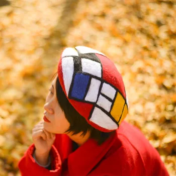 Faramita Ferie Mondrian Efteråret Geometriske Grafik Farverige Kvinder Håndlavede Beret Originalitet Rock Dekoration Piger Hat Hætte 0