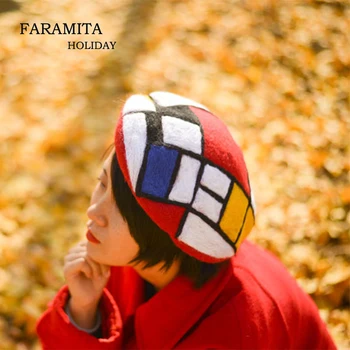 Faramita Ferie Mondrian Efteråret Geometriske Grafik Farverige Kvinder Håndlavede Beret Originalitet Rock Dekoration Piger Hat Hætte 3