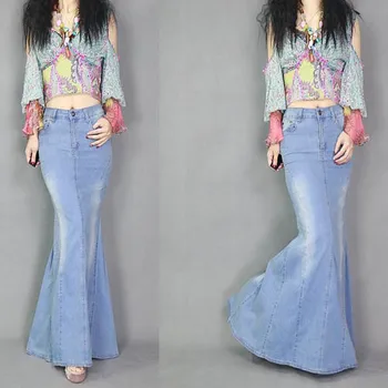 Fashion forår, efterår kvinder er Cool fish tail casual nederdele med høj talje lange maxi nederdele kvindelige blå denim jeans nederdel, lange nederdele 3