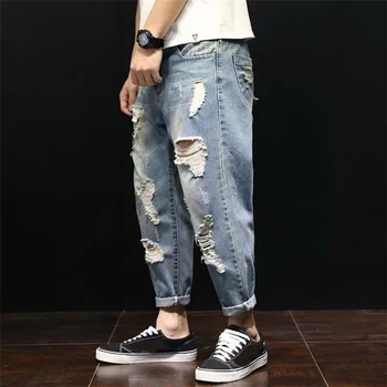 Fashion Herre Baggy Revet Hul Jeans 2020 Street Style Blå Denim Bukser Løs Vasket Jeans Midten Af Taljen Vaqueros Rotos De Hombre 1
