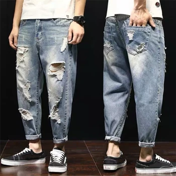 Fashion Herre Baggy Revet Hul Jeans 2020 Street Style Blå Denim Bukser Løs Vasket Jeans Midten Af Taljen Vaqueros Rotos De Hombre 2