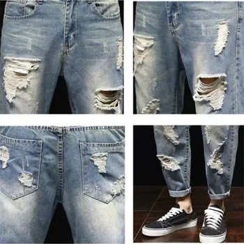 Fashion Herre Baggy Revet Hul Jeans 2020 Street Style Blå Denim Bukser Løs Vasket Jeans Midten Af Taljen Vaqueros Rotos De Hombre 4
