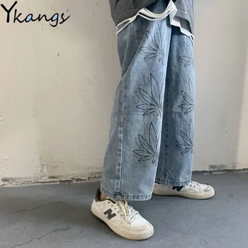 Fashion Kvinder Kærester Vintage Vasket Brede Ben Jeans Hip Hop Trykt Løs Denim Bukser Kvindelige Harajuku Urban Stil Bukser 1