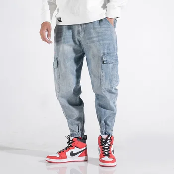 Fashion Streetwear Mænd Jeans I Loose Fit Lyseblå Store Pocket Denim Cargo Bukser Broderi Designer Hip Hop Jeans Mænd Harem Bukser 4