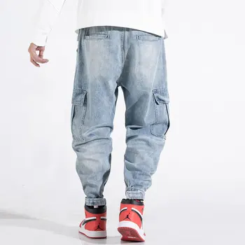 Fashion Streetwear Mænd Jeans I Loose Fit Lyseblå Store Pocket Denim Cargo Bukser Broderi Designer Hip Hop Jeans Mænd Harem Bukser 5