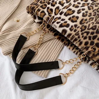 Faux fur stor kapacitet leopard crossbody taske kvinder 2019 vinter plys skulder Messenger taske damer varm håndtaske pige Christma 0