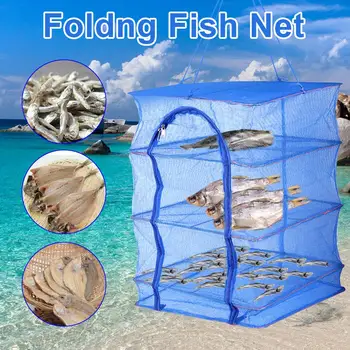 Foldbar 4 Lag Tørring Årets Fisk Net Torrestativ Hængende Vegetabilske Fiskeretter Bøjle Fish Net Hængende Net Tørt Bur Håndtere Værktøj 3