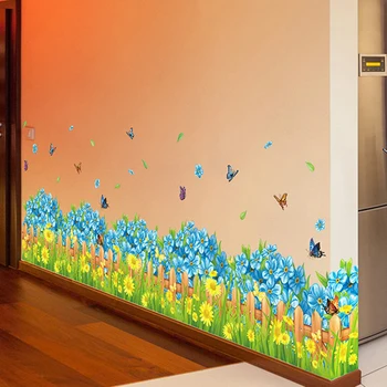 Forår Blomster Butterfly Hegn Fodpaneler Kant Dekoration Decals PVC Aftagelig Vandtæt Vinyl Vægmaleri Wall Stickers Hjem Indretning 2