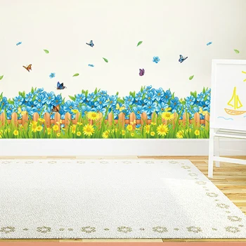 Forår Blomster Butterfly Hegn Fodpaneler Kant Dekoration Decals PVC Aftagelig Vandtæt Vinyl Vægmaleri Wall Stickers Hjem Indretning 3