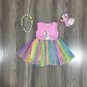 Forår Sommer Baby Piger Påske Bunny Pink Print Flerfarvede Stribe Gaze Dress med Bue og Halskæde 0