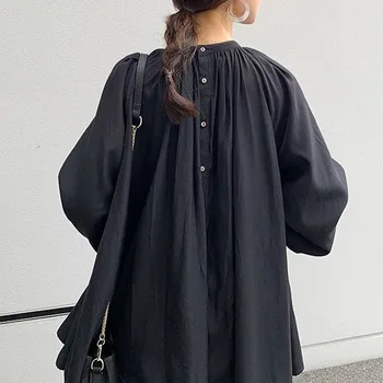 Foråret langærmet T-shirt Solid Black Kontor Damer Elegante koreanske Grundlæggende Løs Kvinder Pullover, Tops Tees Oversize Minimalistiske 1