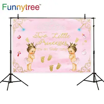 Funnytree To Piger Tvillinger Prinsesse Pink Baggrund, Baby Shower Velkommen Party Fødselsdag Baggrund Photocall Photozone Banner Indretning 1