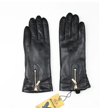 Fåreskind handsker kvinders mode lynlås stil nye tykke cashmere coral foring varm vinter Importeret læder handsker 3