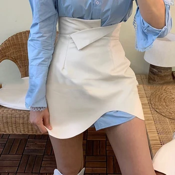 GALCAUR koreanske Pu Nederdel For Kvinder med Høj Talje Tunika Ruched Asymmetrisk Hem En Line Mini-Bodycon Nederdel Kvindelige 2020 Mode Stil 0