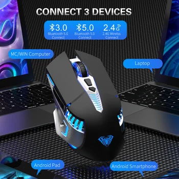 Genopladelige Trådløse Bluetooth Gaming Mouse Side med Knapper 3 Modes (BT5.0, BT3.0 og 2,4 G) Ergonomisk Mus til Bærbare PC 2