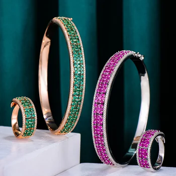 GODKI Luksus 3PC Grønne Øreringe Bangle Ring Set For Kvinder bryllupsfest Baguette Skære Zirkonia Dubai Brude Smykker Sæt BOHO 2020 3